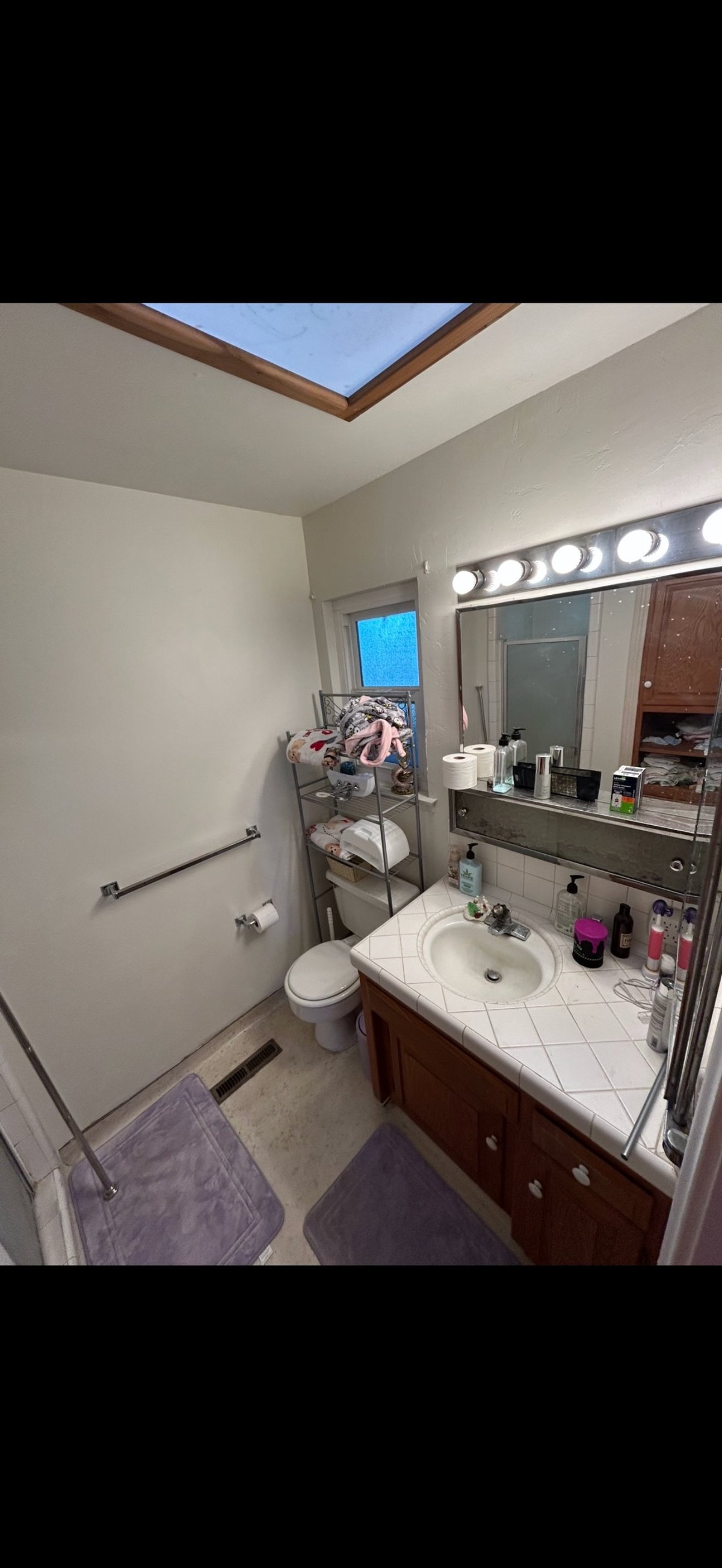 Bathroom before remodel with white tile vanity, long light bar over the mirror, toilet, and a skylight in the ceiling